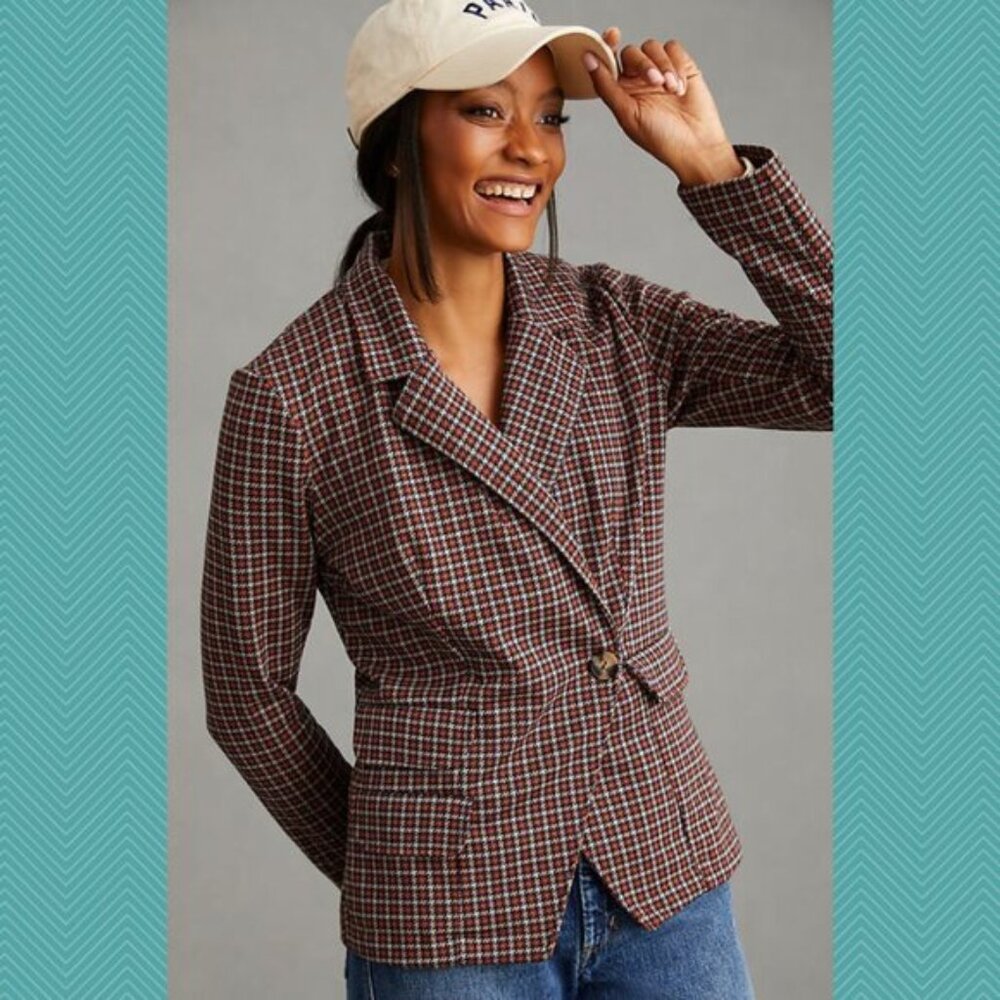 Maeve Houndstooth Collegiate Knit Stretch Wrap Style Blazer